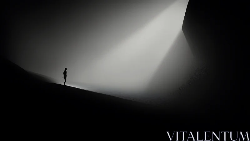 Silhouette strides toward a carved wedge of impossible light