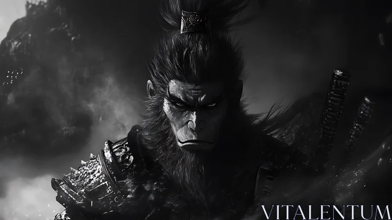 Storm‑eyed warrior monkey steps from the swirling shadows.