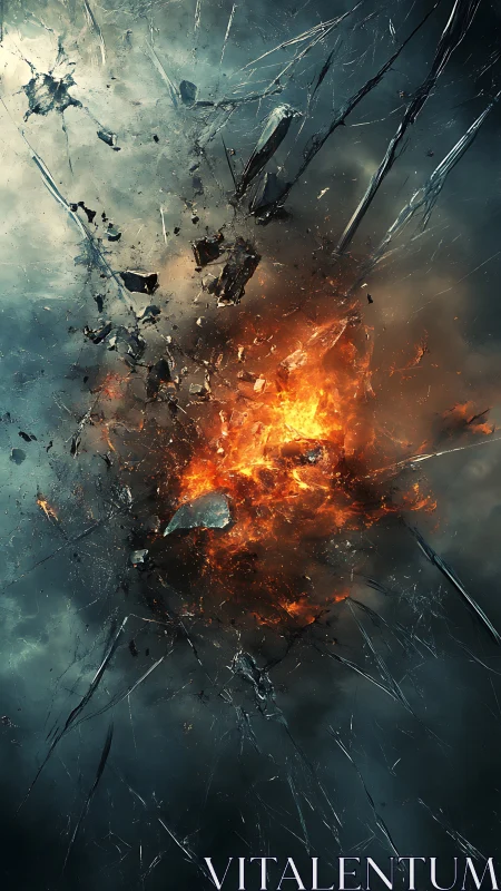 Shattered glass explosion with fiery core in stormy atmosphere.