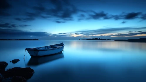 Still blue boat drifting through a glass-smooth twilight bay.
