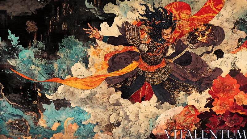 Fiery armored warrior surrounded by swirling clouds and dragons.