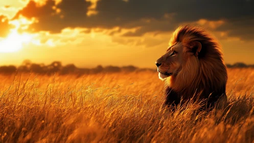 Golden hour lion portrait in glowing savannah grassland.