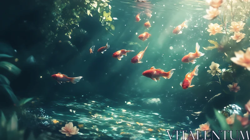 Koi fish swim through sunlit underwater garden scene.