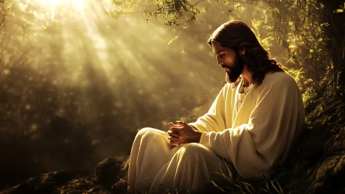 Photorealistic devotional portrait in forest backlight composition.