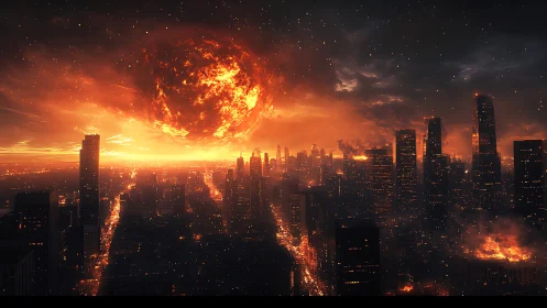 Apocalyptic metropolis under descending fiery celestial sphere.