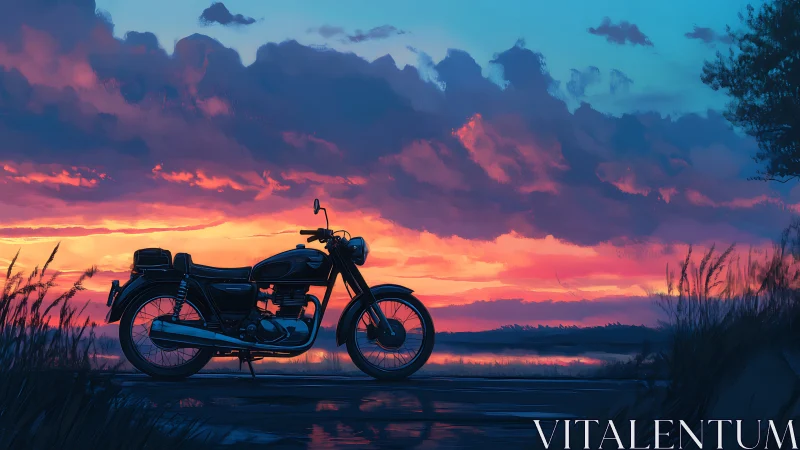 Vintage motorcycle silhouetted against fiery sunset horizon.