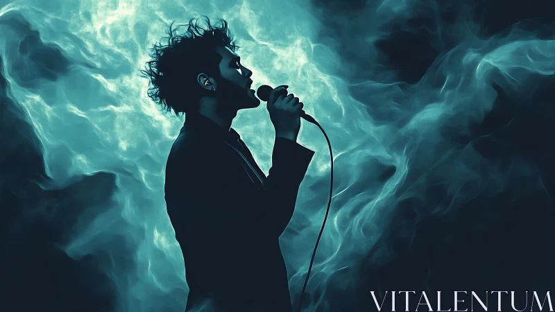 Silhouetted vocalist in profile against teal volumetric smoke field