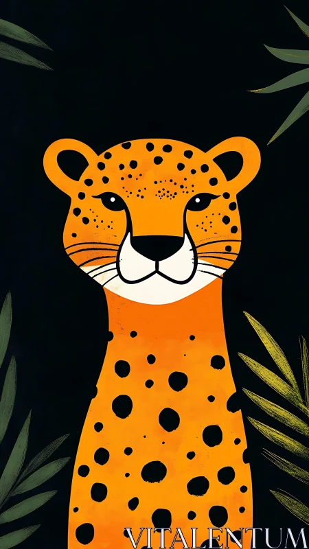 Stylized spotted leopard figure on dark foliage background.