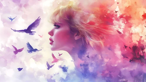 Colorful side profile of woman dissolving into flying birds.