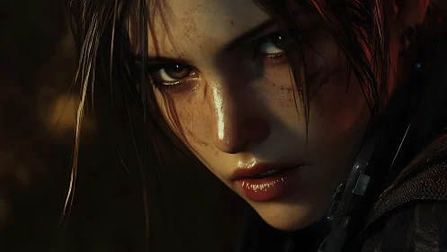 Fierce digital heroine meeting your gaze in warm light.