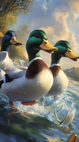 Energetic mallard trio skims across sunlit river waters.