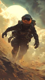 Solitary astronaut traverses windswept alien desert terrain