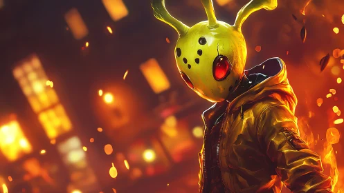 Hooded figure in yellow alien mask amid city fire glow.