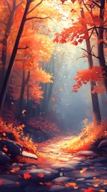 Golden Autumn Forest Path Glows with Vibrant Fall Colors