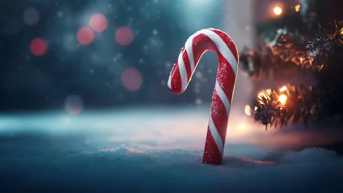 Candy cane standing in snow beside glowing tree lights.