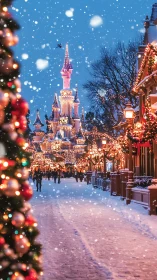 Snow-covered illuminated castle street under dense festive lighting