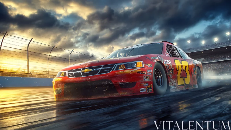 Sunset sprint with a red stock car slicing through speed.