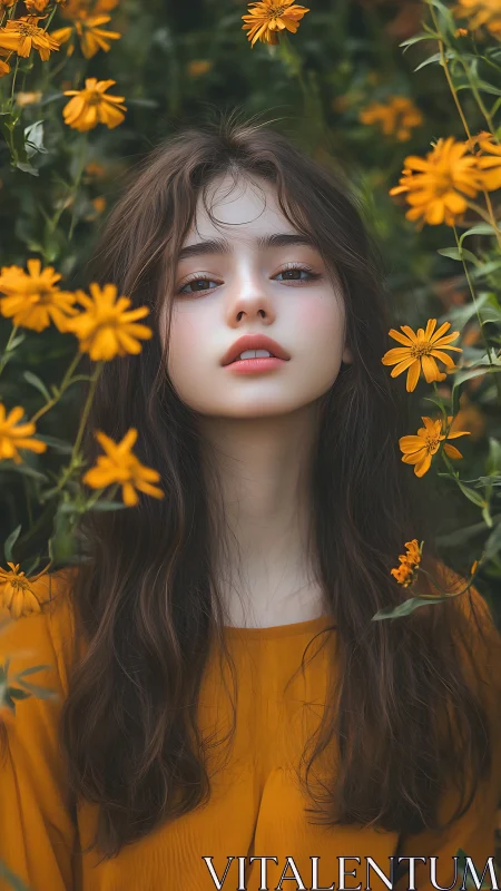 Golden blooms surround a calm girl lost in gentle daydreams