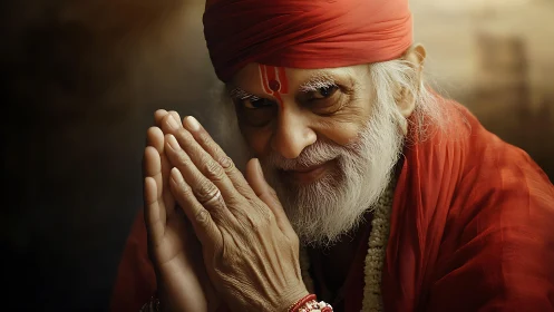 Portrait of elderly holy man in red robe offering blessing.