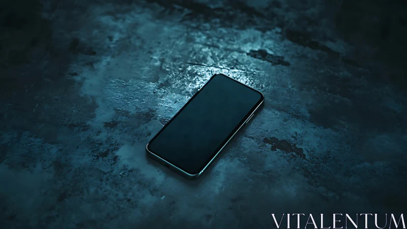 Smartphone on dark textured surface under blue light.