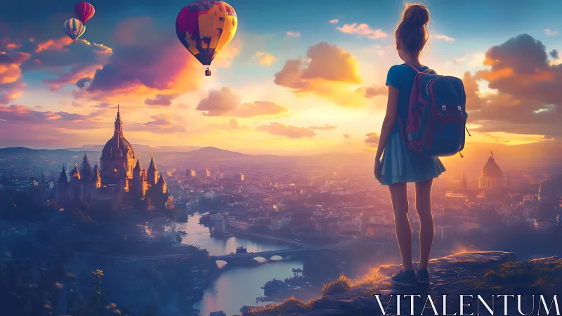 Backpacker overlooks fantasy cityscape at glowing sunset.