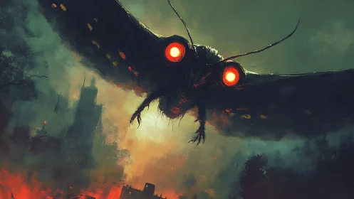 Nightstorm moth god dives through burning city fog tonight