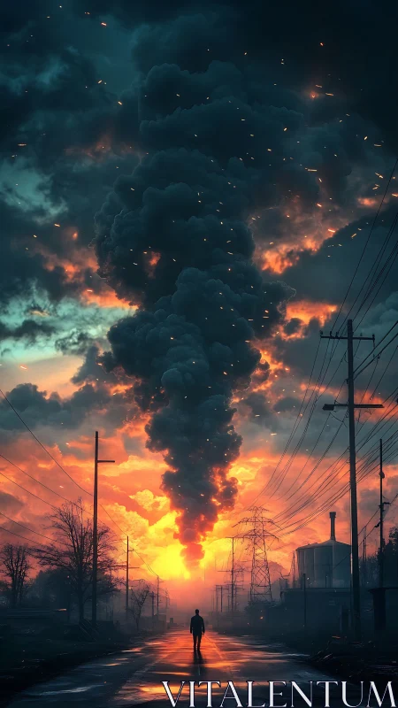 Solitary figure beneath apocalyptic industrial firestorm sky.