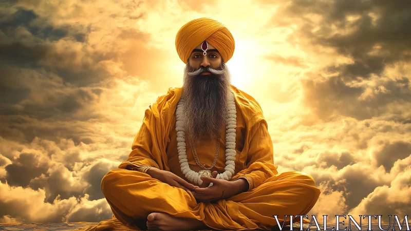 Radiant turbaned sage in golden-cloud atmospheric symmetry.