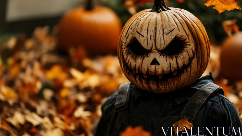 Grim jack-o-lantern scarecrow dominates an autumnal shallow depth