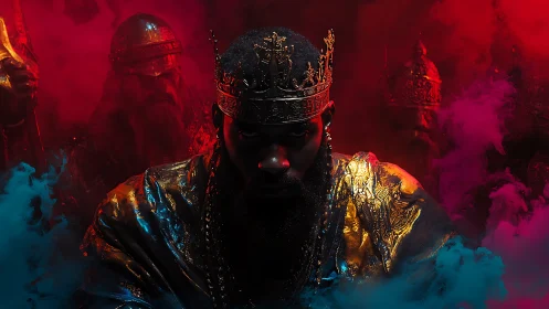 Crowned ruler in gold armor framed by red and blue smoke