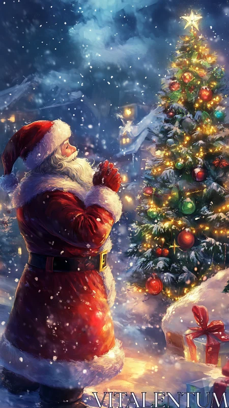 Quiet winter wish beside a glowing Christmas tree at night.