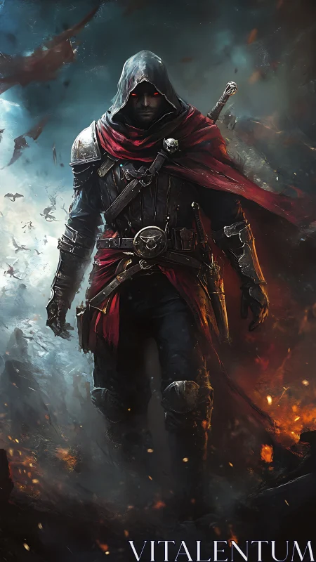 Hooded rogue crossing fire and frost in stormy twilight.