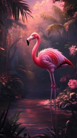 Pink flamingo standing in lush tropical lagoon at sunset.