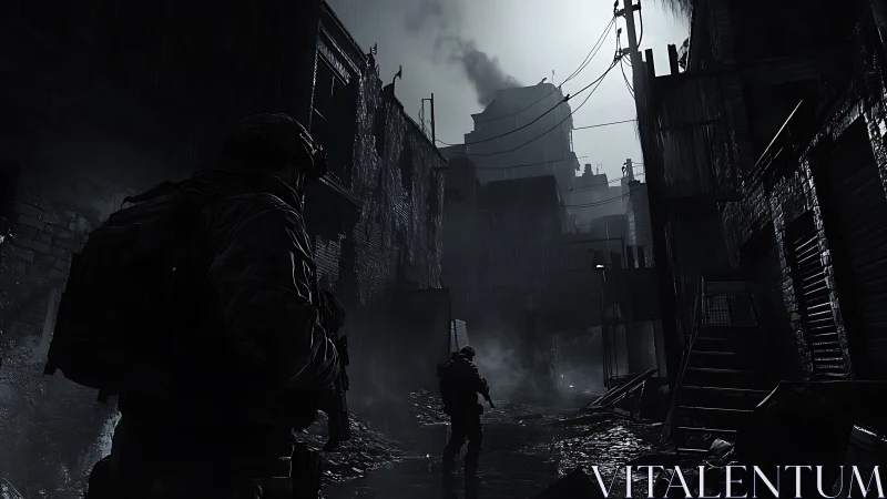 Tactical operators in rain-soaked industrial alleyway at night.