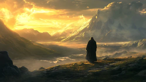 Lone cloaked wanderer studies sunlit valley before jagged peak