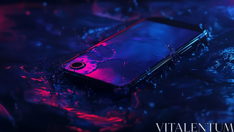 Smartphone submerged in illuminated liquid with flowing neon accents.