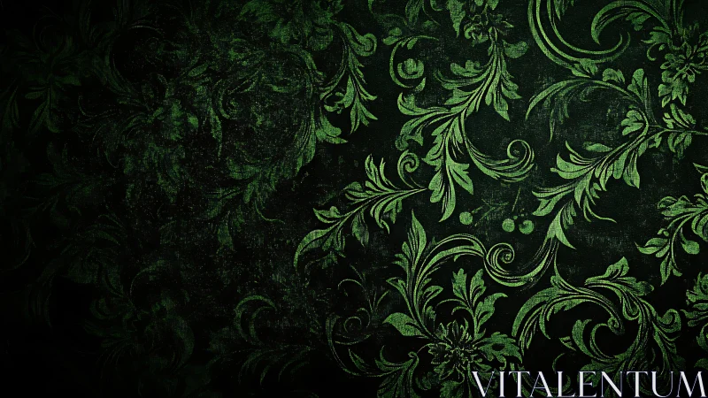 Dark green baroque floral damask with distressed textured noise
