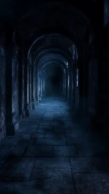 Moonlit stone corridor fades into eerie blue shadows.