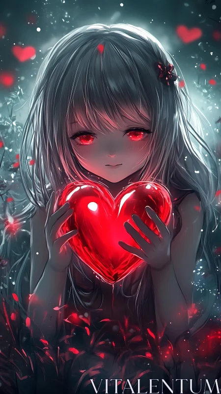 Silver haired anime girl cradles glowing red heart