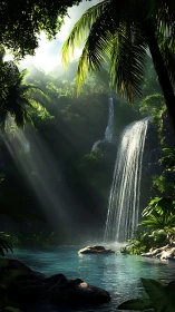 Lush jungle waterfall catches angled sunlight over pool.