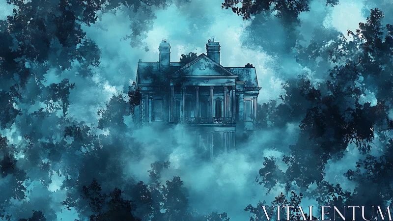 Central neoclassical house structure is framed by dense fog