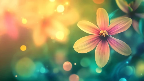 Cosmos Flower with Golden Bokeh and Teal Gradient Background