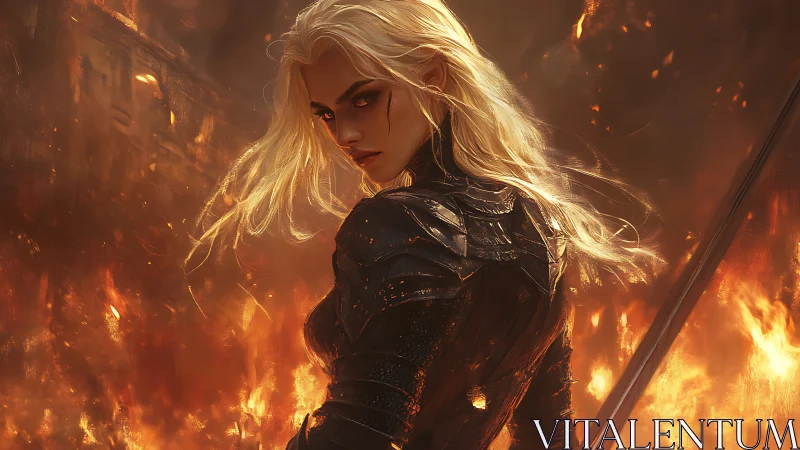 Sword-lit embers crown the silver-haired warrior in flame