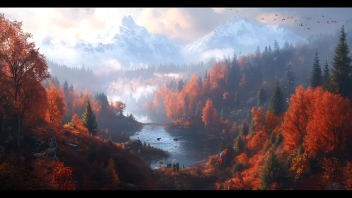 Autumn valley panorama with atmospheric depth and snowy peaks rendered