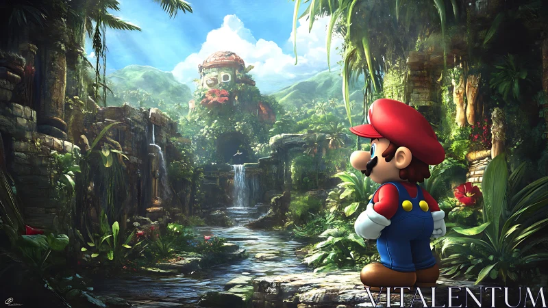 3D render of cartoon plumber exploring overgrown jungle ruins