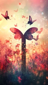 Butterfly silhouettes intersect with floral field and gradient light