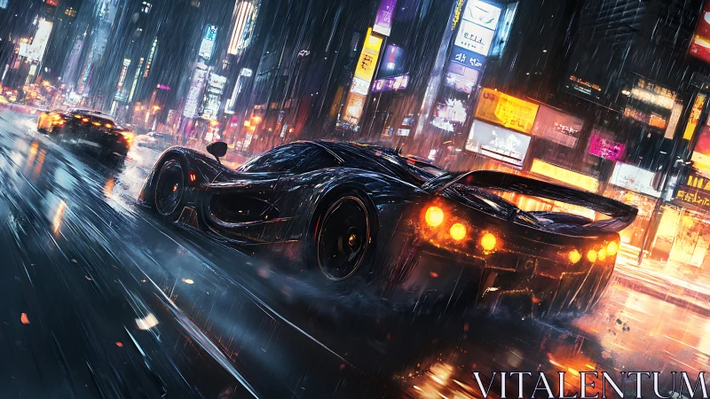 Midnight hypercar sprint through neon soaked city rain.