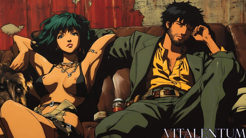 Two anime drifters lounge on worn leather sofa in decay