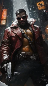 Gunman in red coat stands armed in snowy neon city street