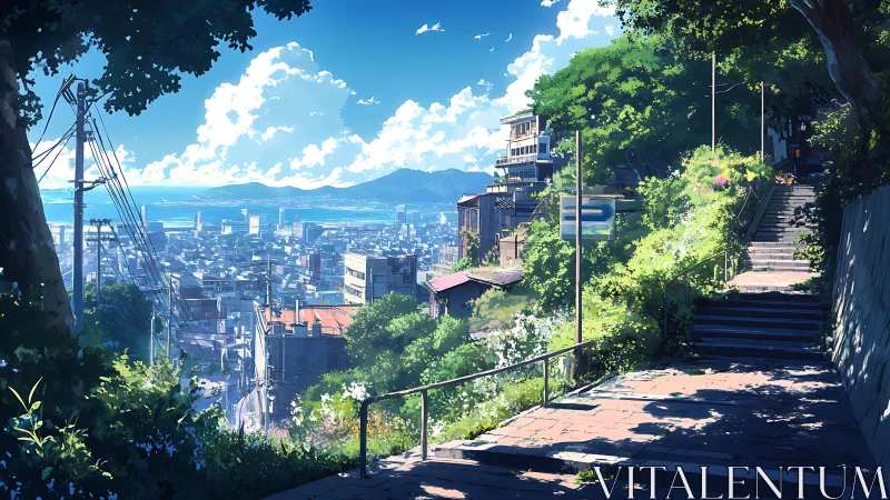Sunlit hillside path gently overlooks a calm coastal city